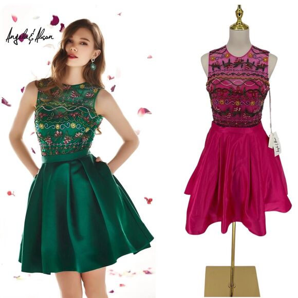 Angela & Alison Beaded Dress Pink Satin 10 Short Formal A-Line Pocket Open Back - Picture 2 of 16